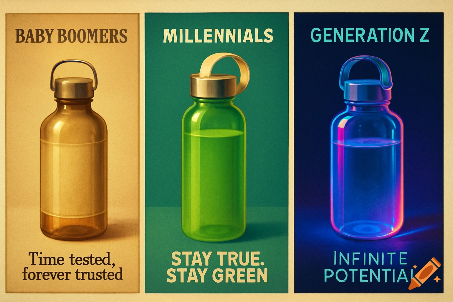 Three water bottles in a triptych, each representing a generation (Baby Boomers, Millennials, Gen Z) with slogans and distinct lighting.