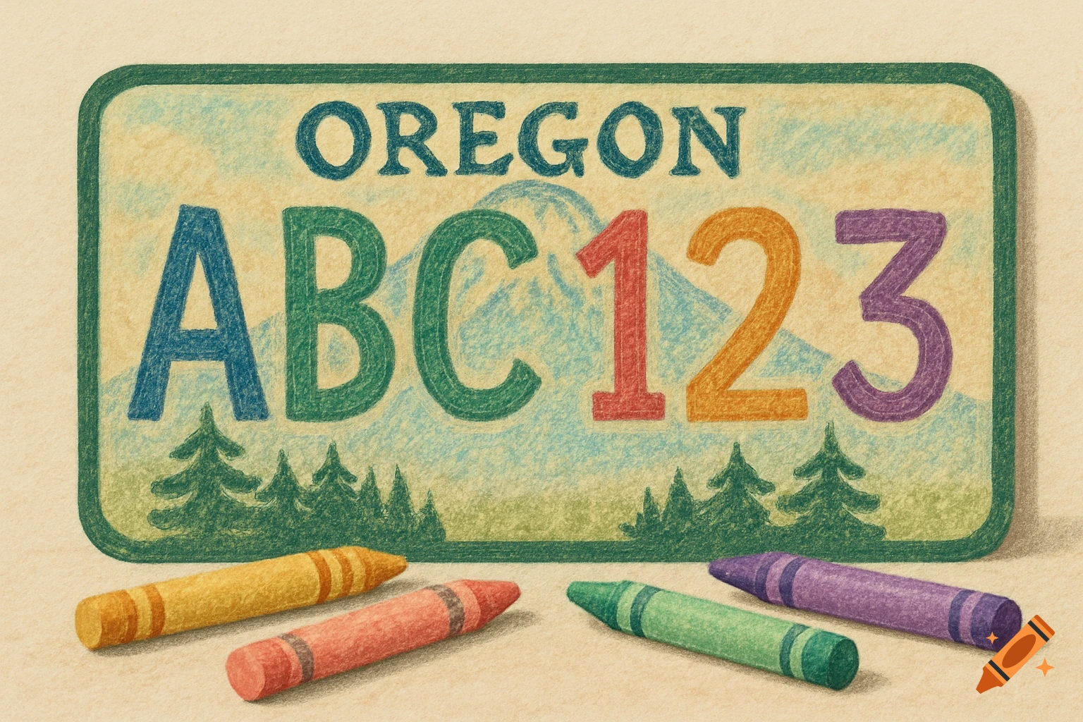 Crayon-drawn Oregon license plate with "OREGON" and "ABC123" text, mountains, trees, and five colorful crayons.