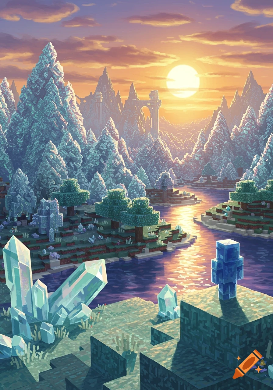 Pixel art Minecraft-style landscape at sunset with a river, snowy mountains, green trees, and large crystal formations.
