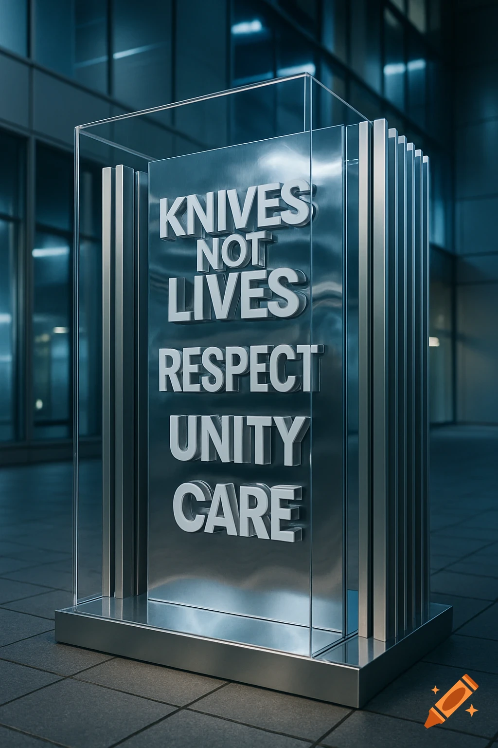 A modern metallic and glass display featuring text 'KNIVES NOT LIVES RESPECT UNITY CARE' in an urban setting.