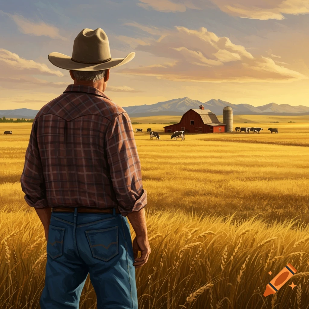 Farmer in a cowboy hat and plaid shirt overlooks a golden wheat field with a red barn, silo, and cows under a sunset sky.