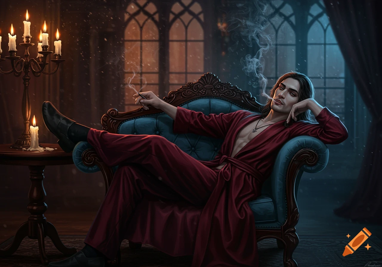 A long-haired man in a red robe reclines on an ornate chair in a candlelit gothic room, smoking.