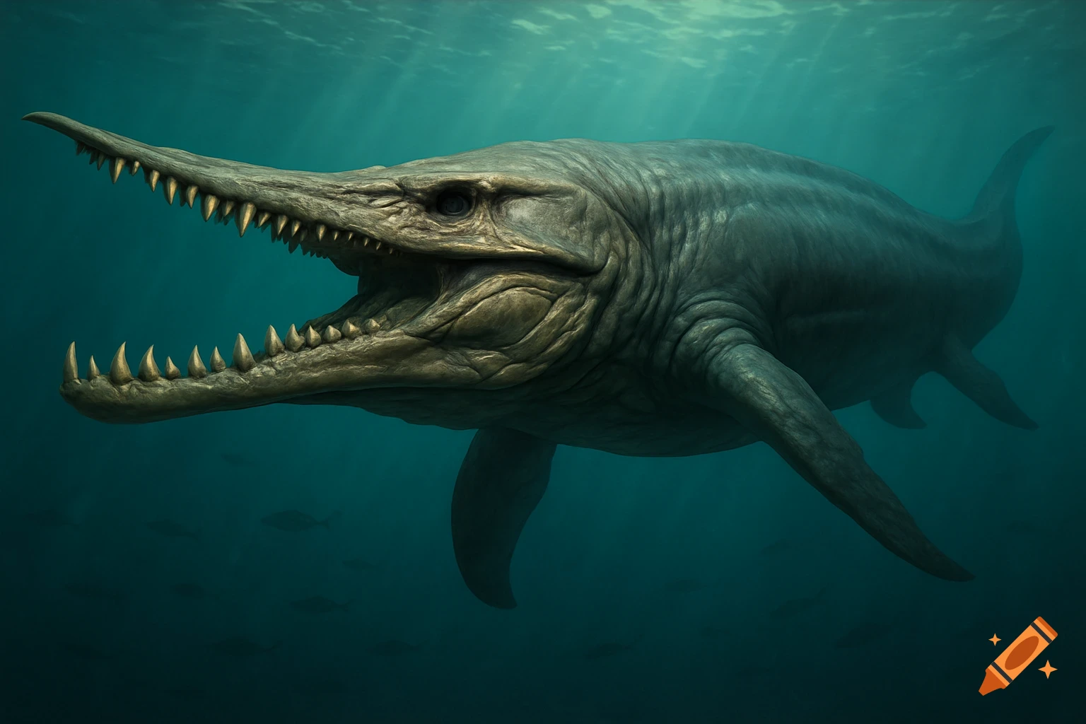 A large, ancient-looking marine creature with an elongated snout and sharp teeth swims in deep blue-green water.