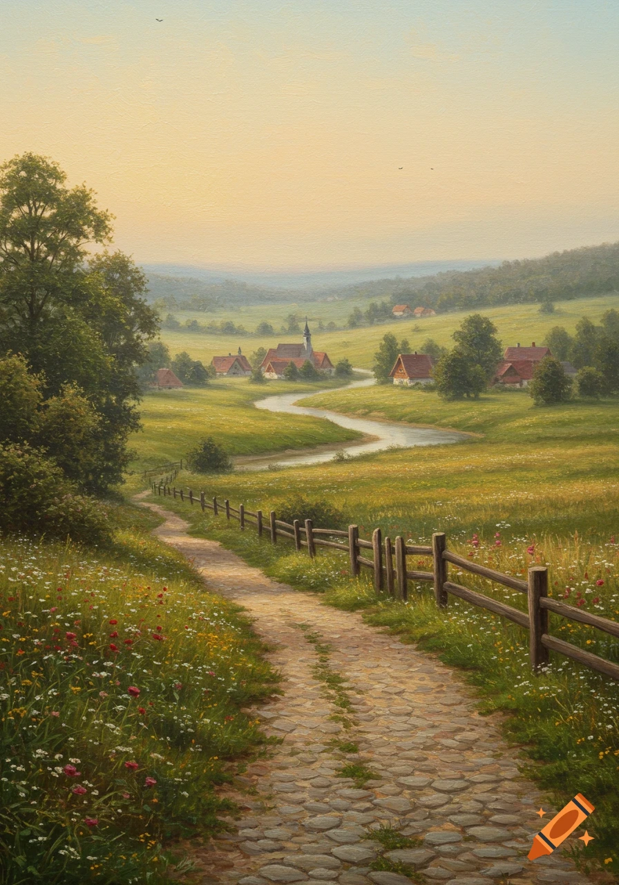 A winding stone path leads through a wildflower meadow to a quaint village with a church in a sunlit valley, painted in oil.