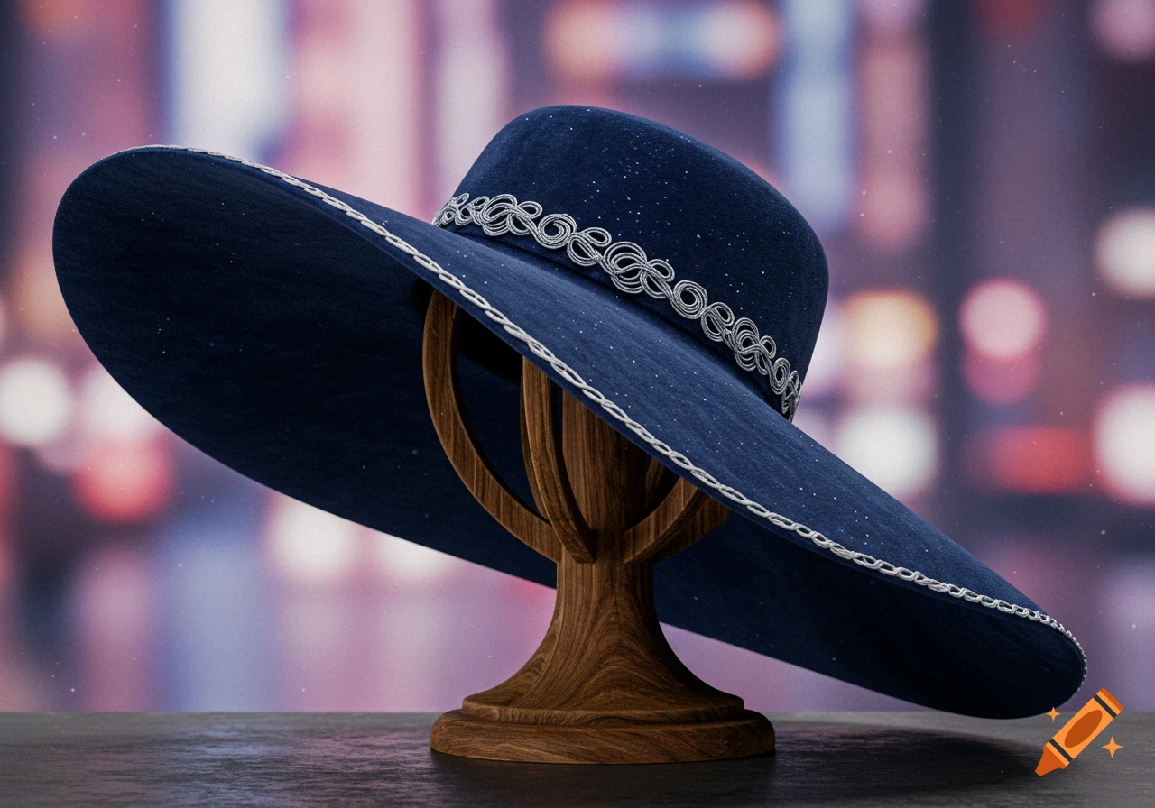 A dark blue wide-brimmed hat with silver trim sits on a wooden stand, against a blurred city lights background.