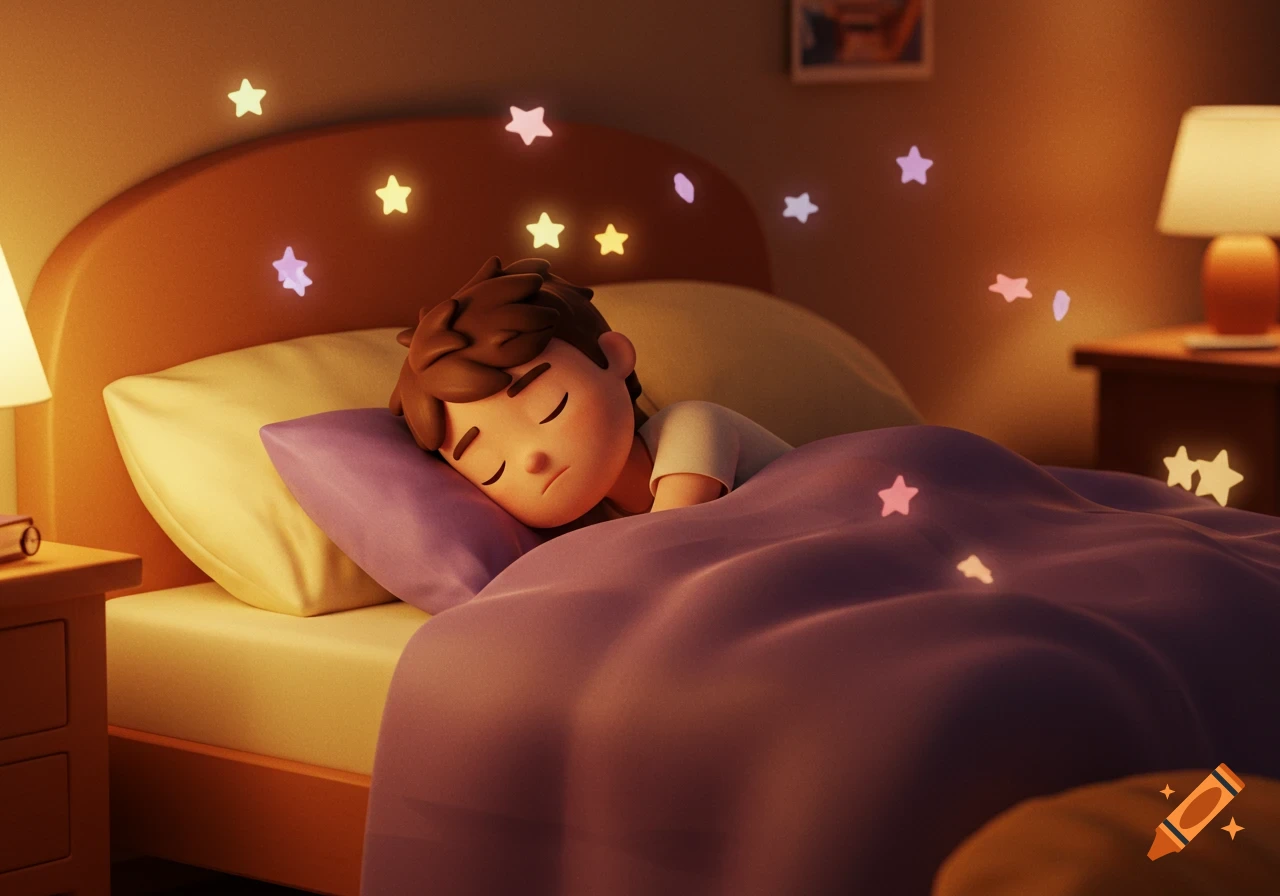 A cute Pixar-style cartoon boy sleeps peacefully in bed under a blanket, with glowing pastel stars floating around him.