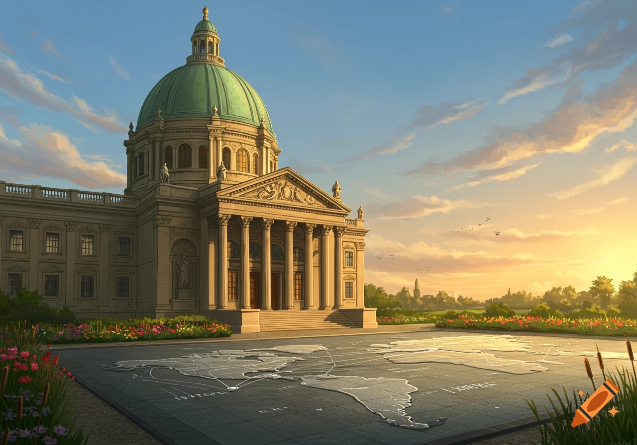 A grand domed building with a classical facade at sunset, fronting a large ground-level world map surrounded by flowering gardens.
