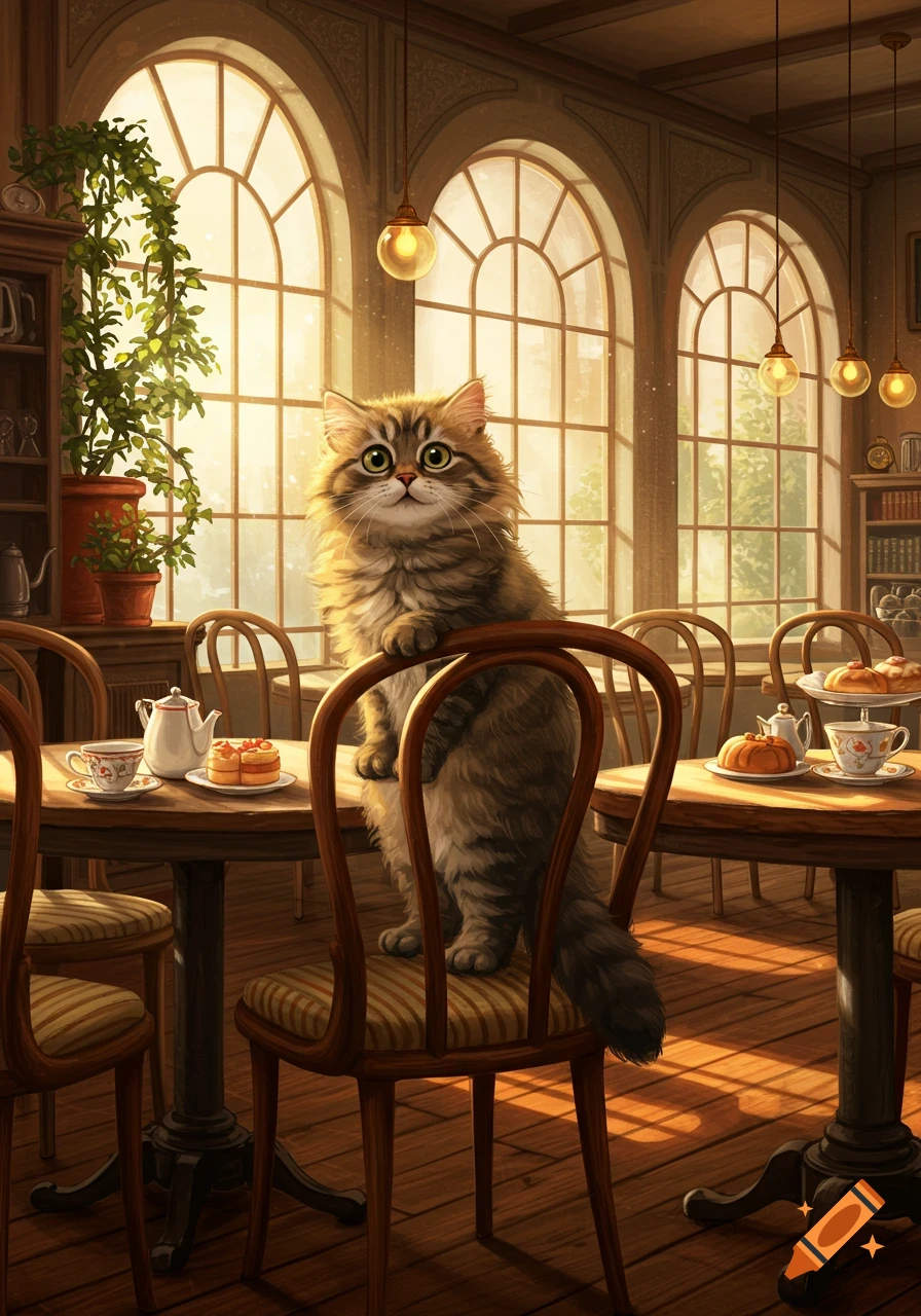 A fluffy tabby cat stands on a wooden chair in a sunlit cafe, looking directly at the viewer.