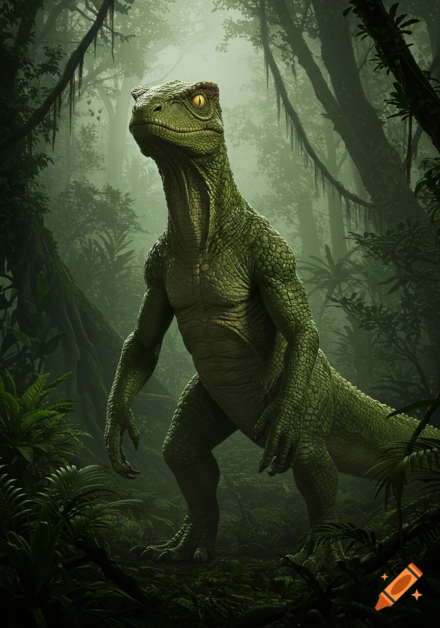 A large, green, scaly bipedal lizard-like creature with glowing yellow eyes stands in a misty, lush jungle.