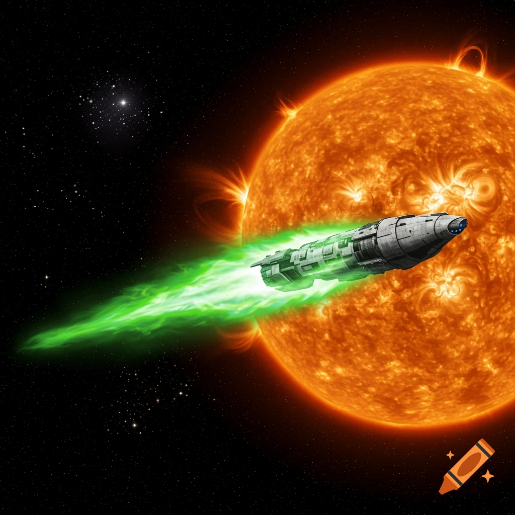 A futuristic spaceship with a green exhaust trail flies past a large, fiery orange sun in deep space, with stars in the background.