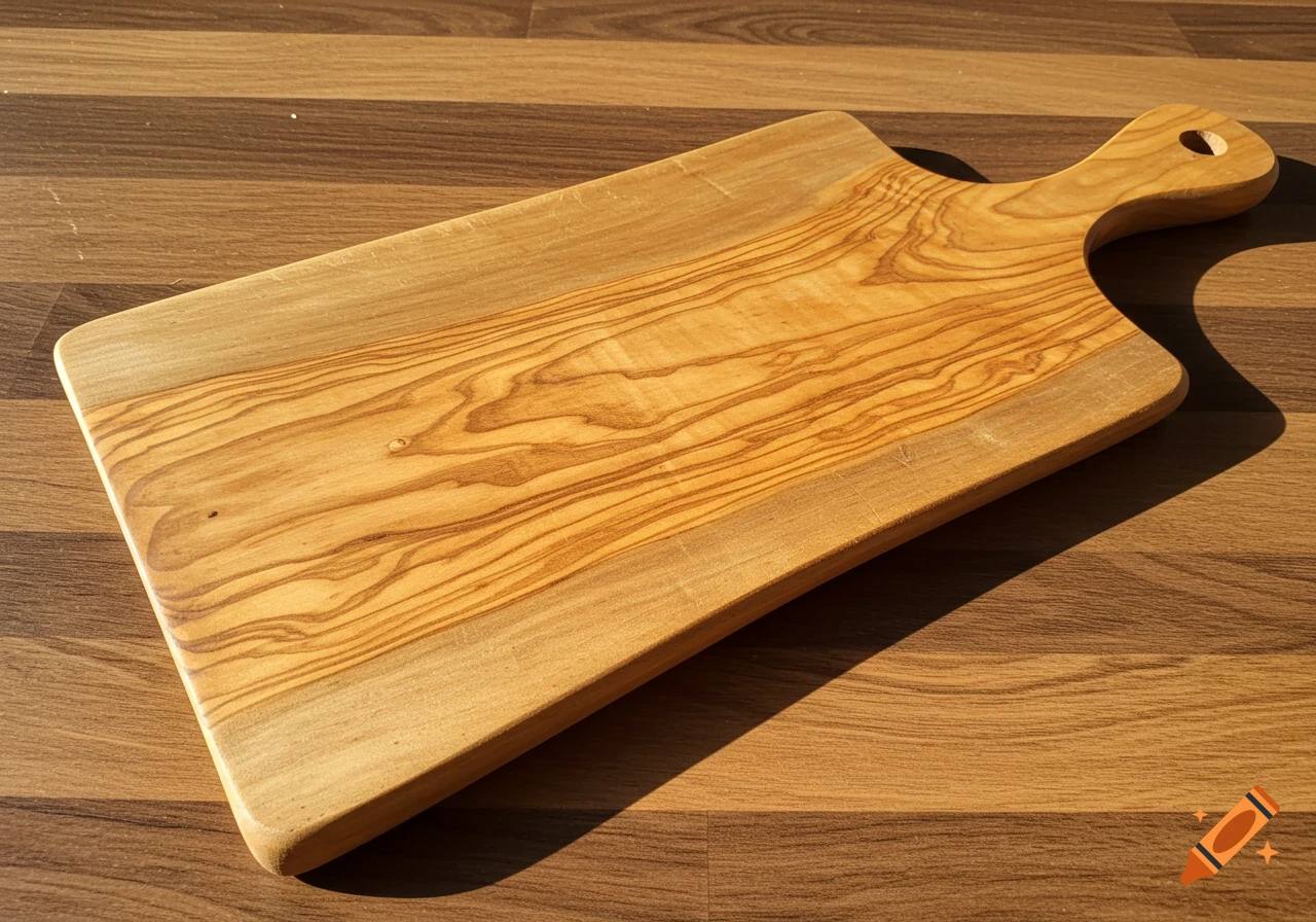 An olive wood bread paddle or cutting board, showcasing natural wood grain, rests on a light brown wooden surface, casting a shadow.