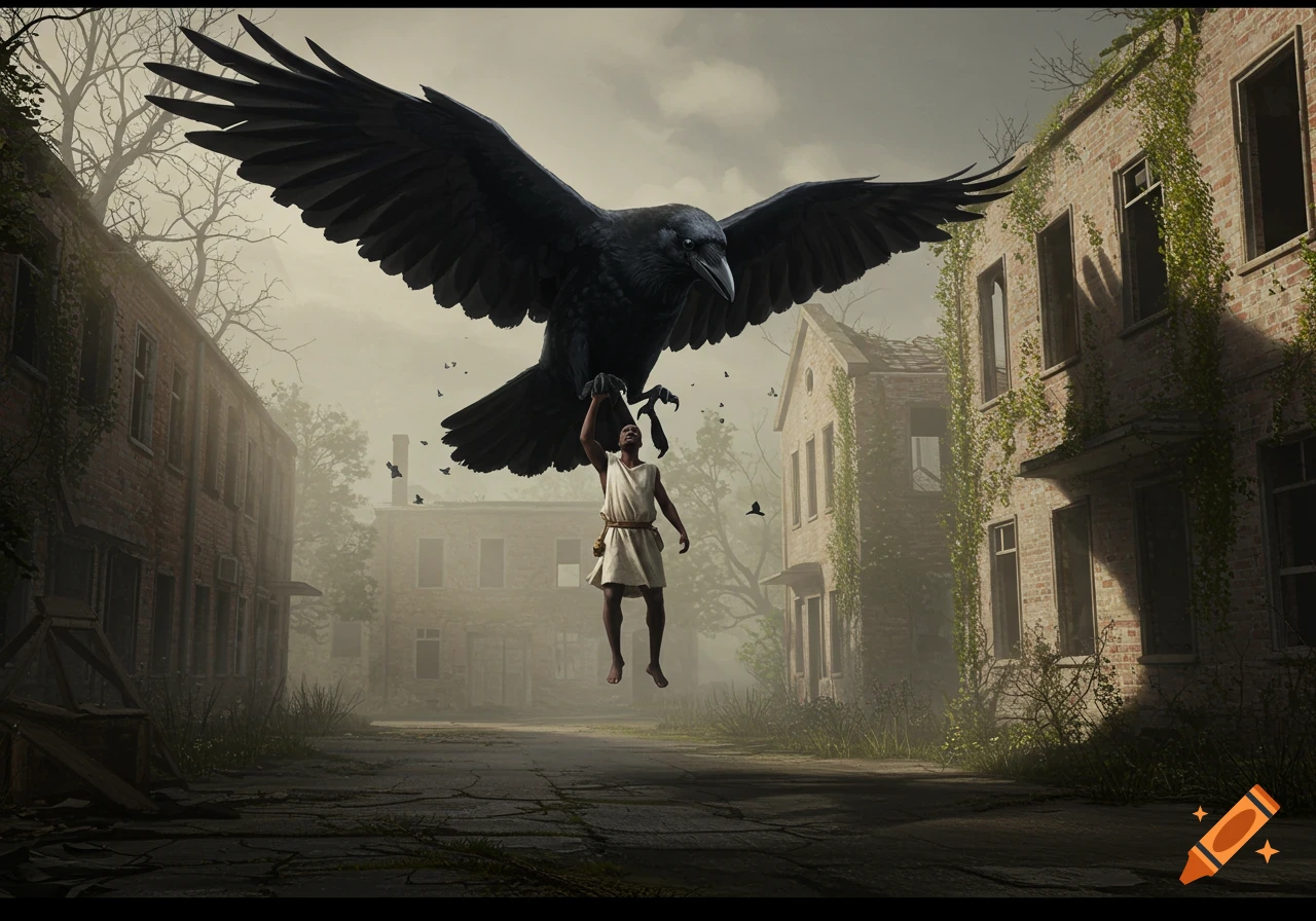 A giant black crow carries a man in a tunic above an overgrown, abandoned town in a realistic style.