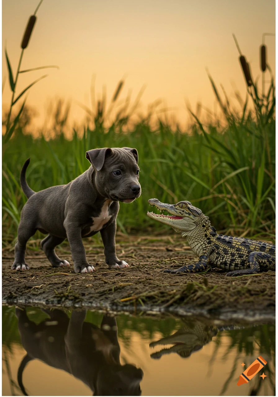 A grey pitbull puppy faces off with a baby alligator by a pond at sunset, with tall grass in the background.