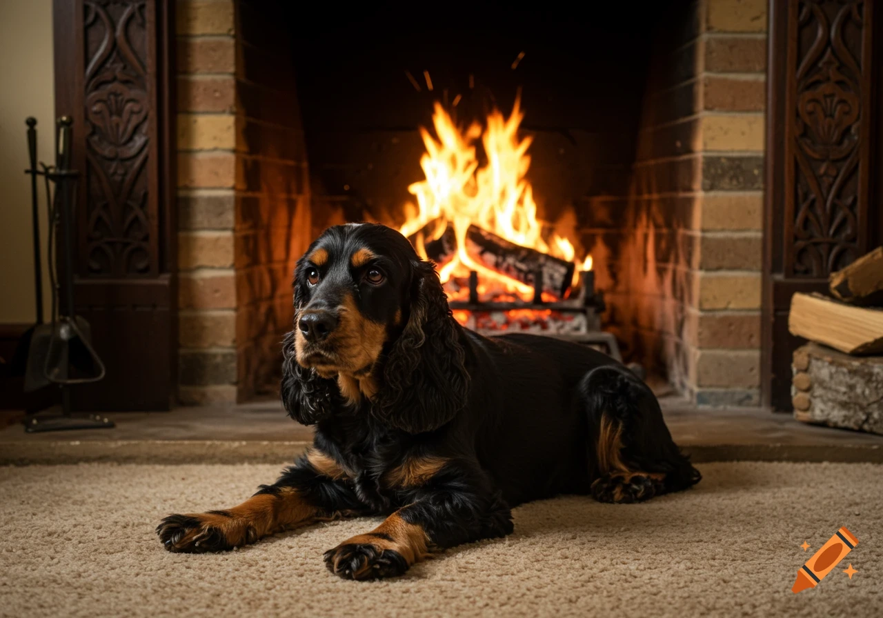 A black and tan Cocker Spaniel dog lies on a rug in front of a roaring fireplace.