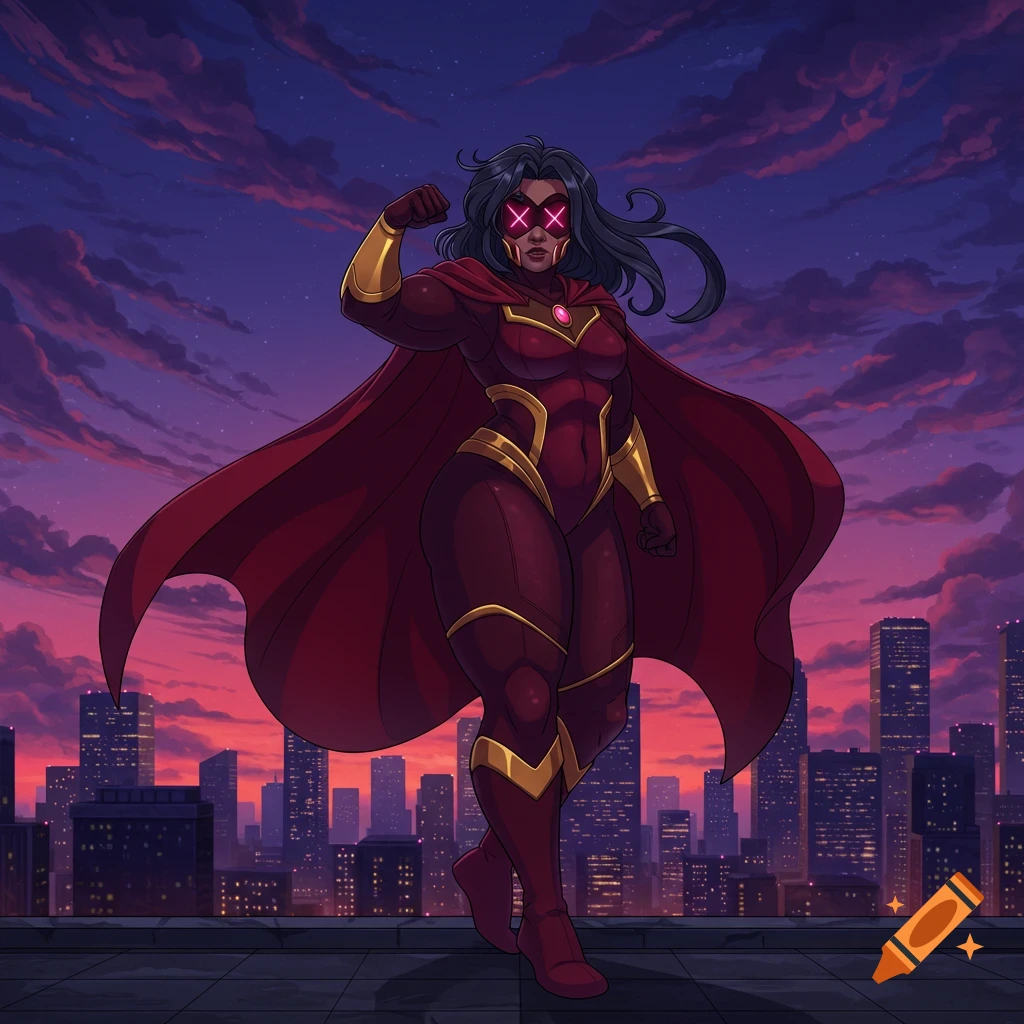 Anime superheroine in red and gold suit with a cape and glowing pink X-eyes stands on a rooftop overlooking a city at dusk.