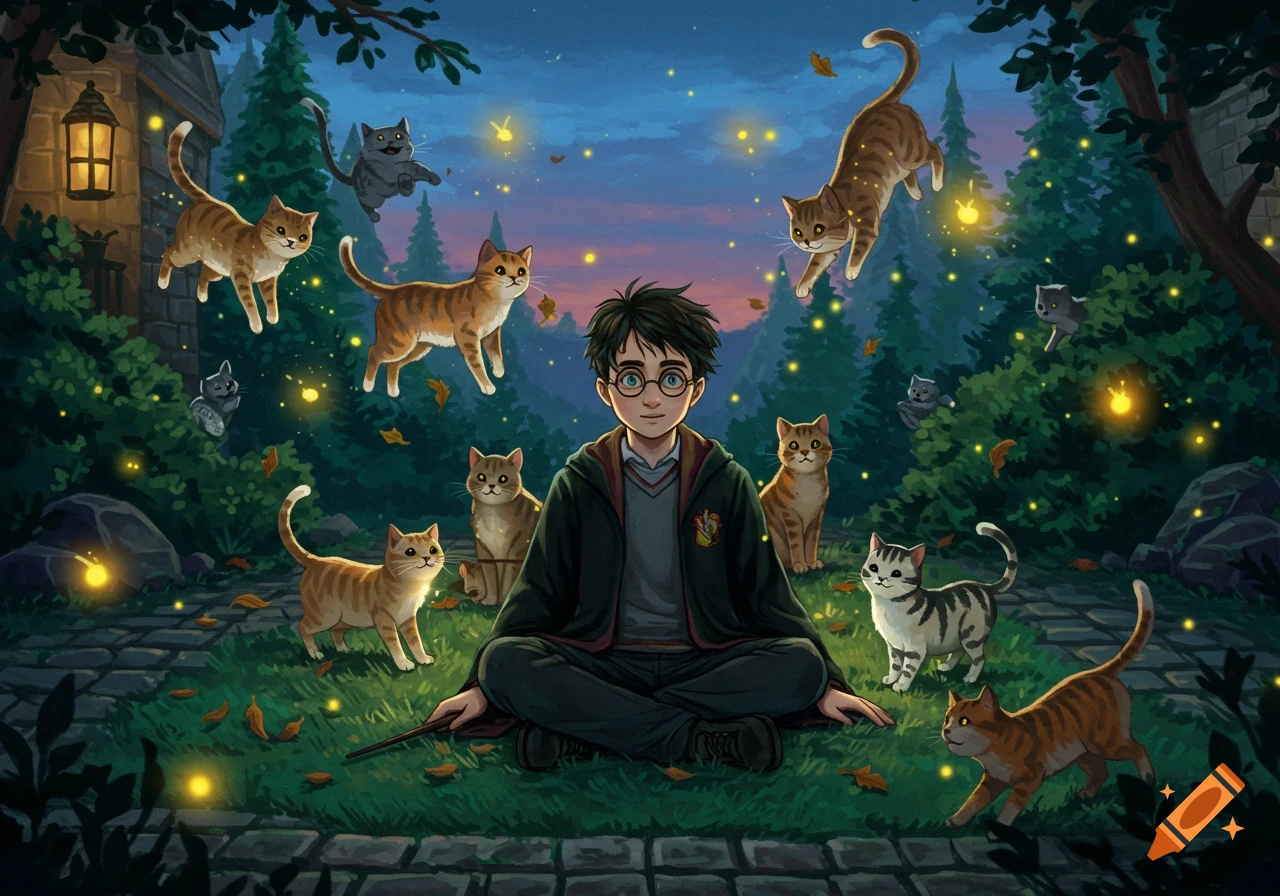 Illustration of Harry Potter sitting cross-legged, surrounded by multiple cats and glowing fireflies in a mystical forest at dusk.