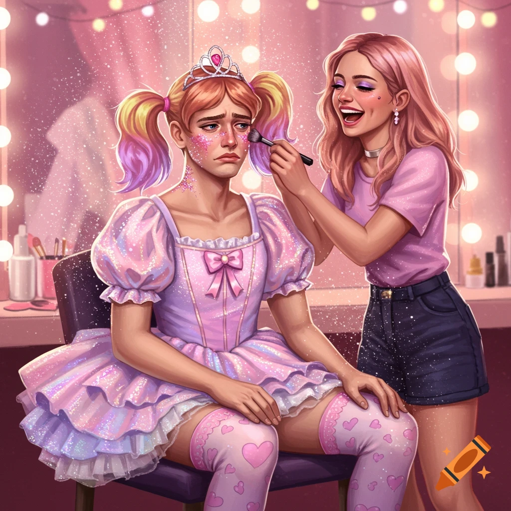Stylized illustration of a sad person in a pink princess dress and pigtails getting glitter makeup from a laughing person in a dressing room.