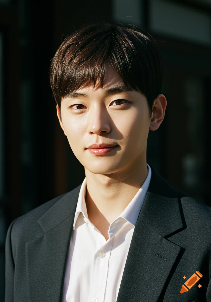 Photorealistic portrait of a young Korean man in a white shirt and dark jacket, looking at the camera with a soft, serious expression.