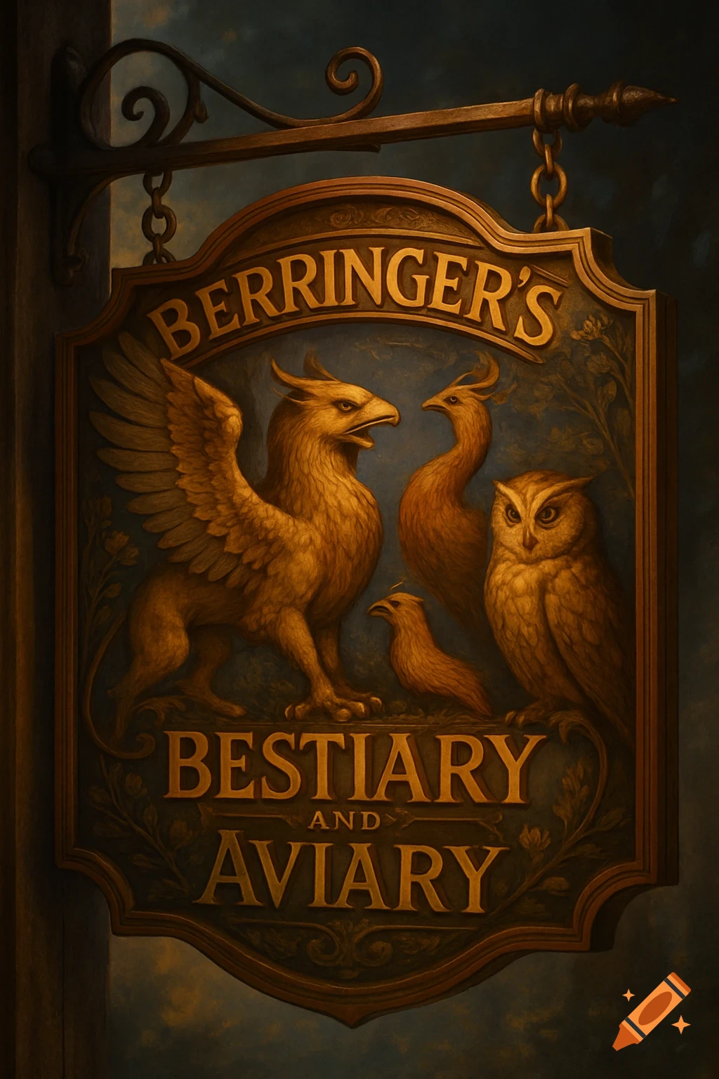 An ornate hanging sign for Berringer's Bestiary and Aviary, featuring a golden griffin, an owl, and other birds against a dark background.