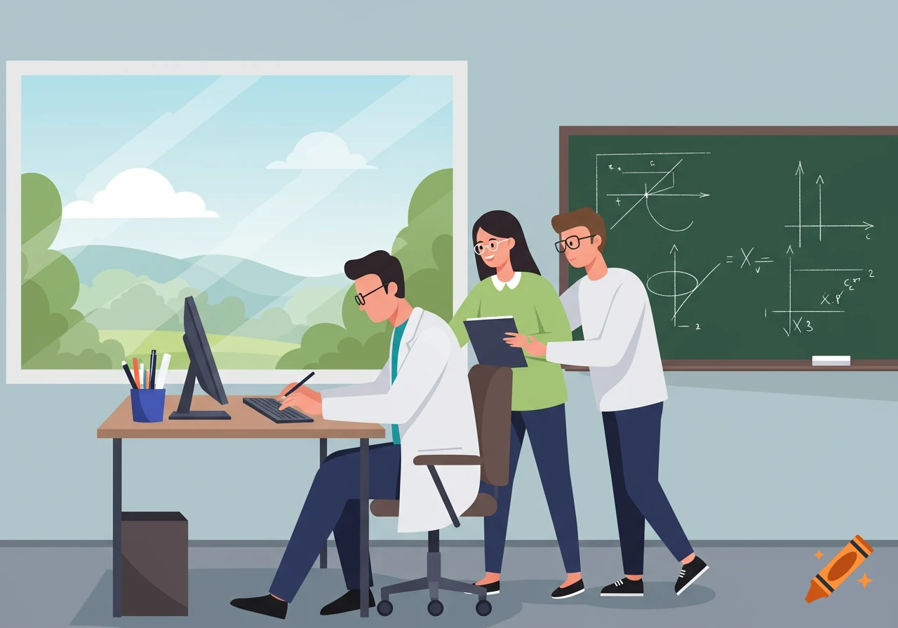 A flat-design illustration of a scientist working on a computer while two students look at a tablet. A window shows a landscape, and a blackboard with equations is on the wall.