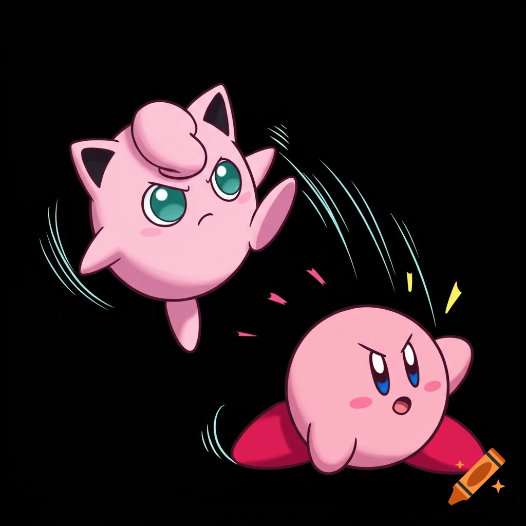 Jigglypuff kicks Kirby in the face, drawn in an anime manga art style on a simple black background.
