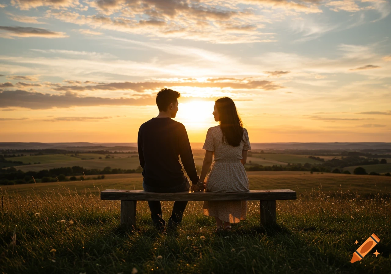 A couple sits on a bench, holding hands, watching a colorful sunset over a rolling landscape.