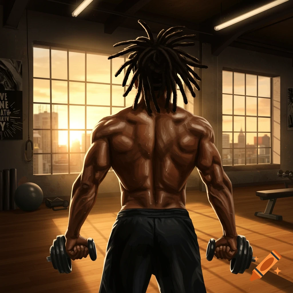 Muscular man with dreadlocks, seen from behind, holding dumbbells in a gym with a sunset view, in an illustrated style.