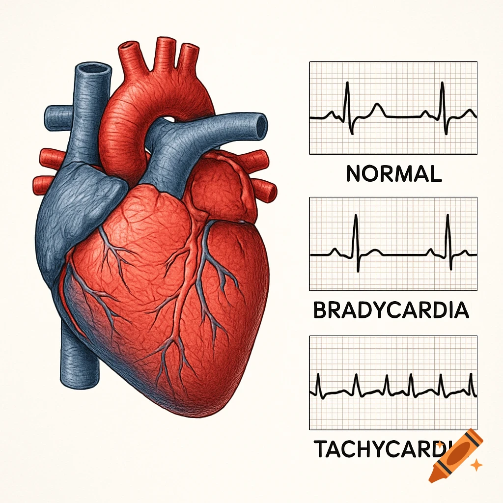Medical illustration of a human heart with color-coded vessels next to three ECG strips showing normal, bradycardia, and tachycardia rhythms.
