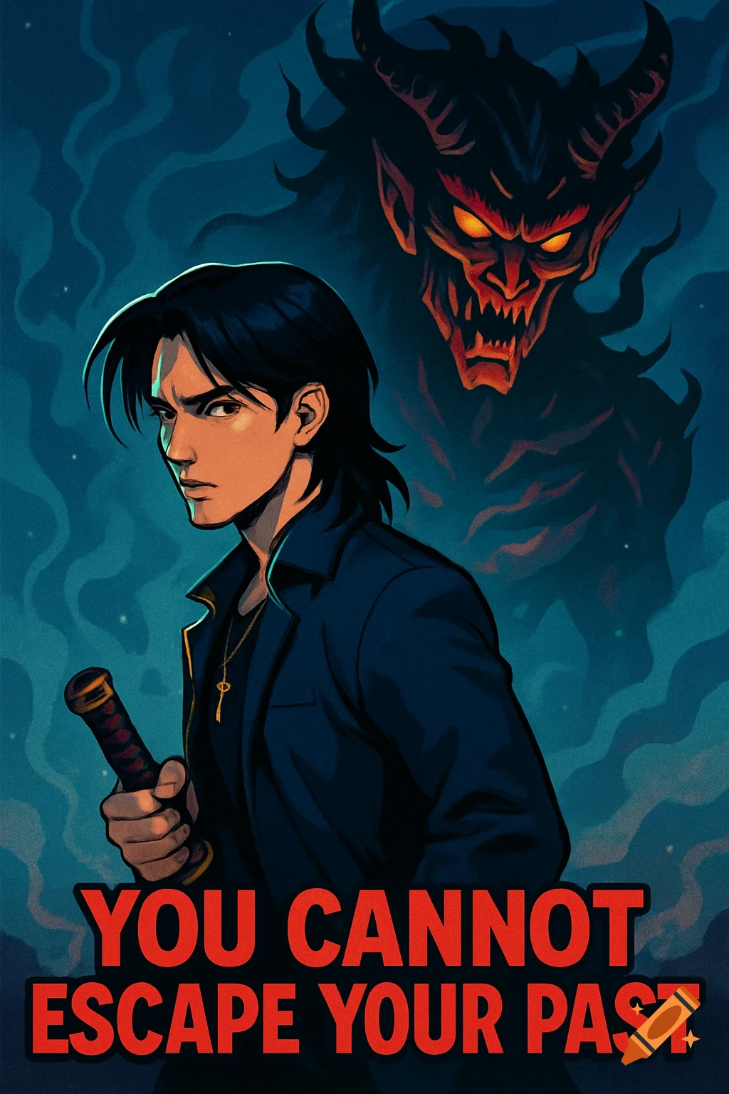 Cartoon art of a man with dark hair and a demon behind him, with the text "YOU CANNOT ESCAPE YOUR PAST" below.
