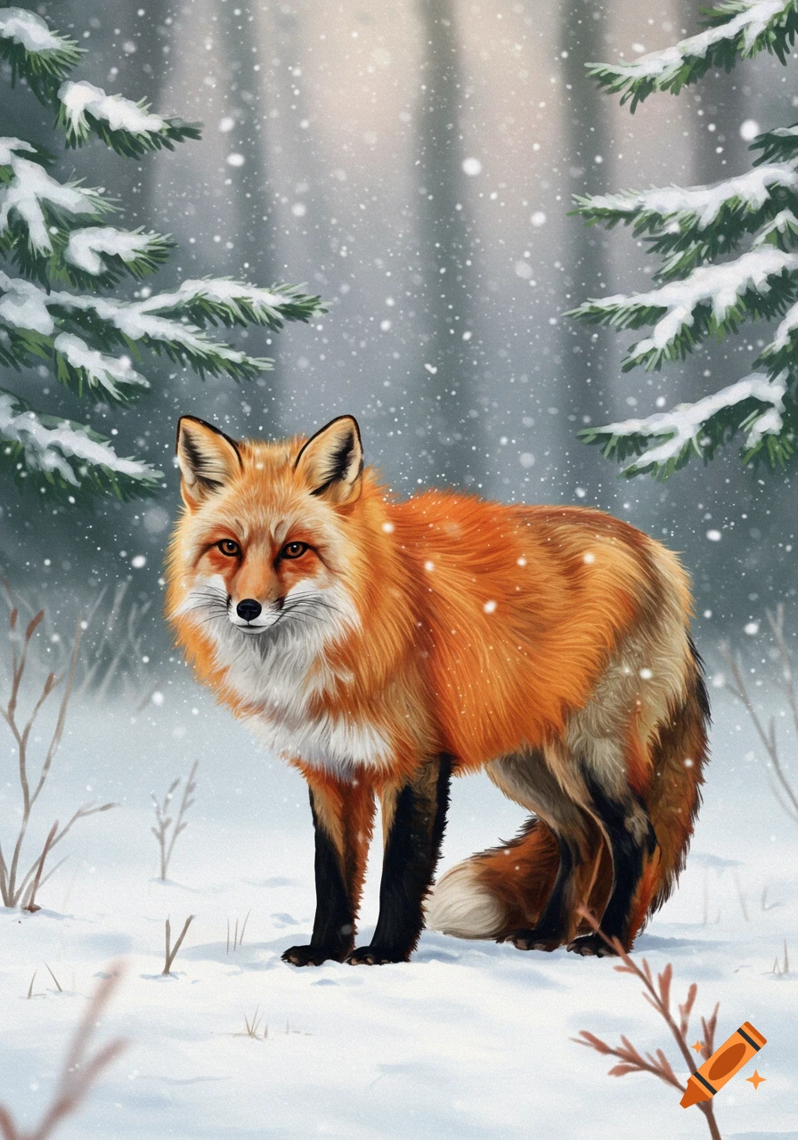A vibrant red fox stands alert in a snowy forest as snowflakes gently fall, depicted in a detailed painterly style.