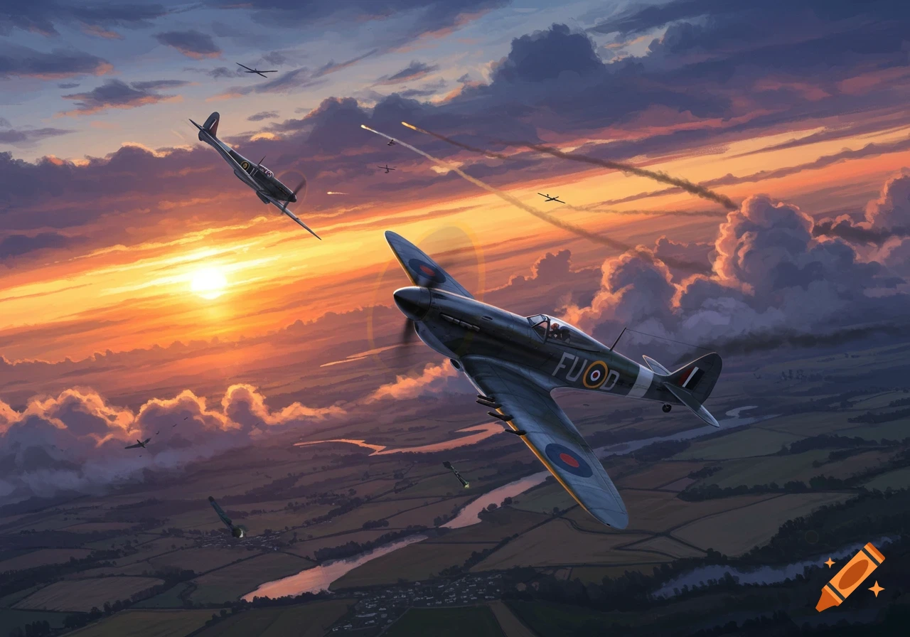 Two World War II fighter planes engaged in a dogfight against a vibrant sunset sky over a green landscape, with visible gunfire and smoke trails.