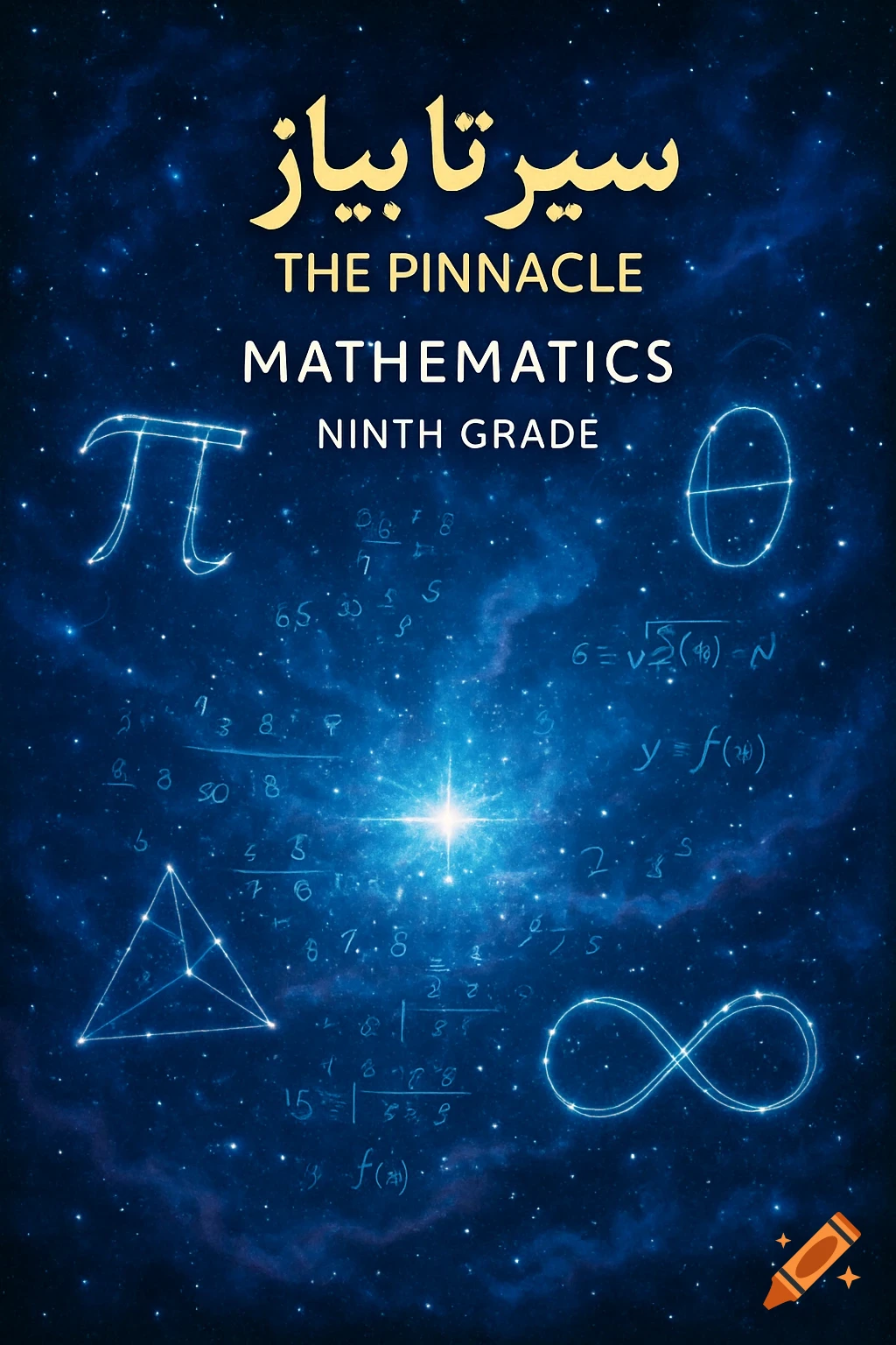 A book cover for 'The Pinnacle Mathematics Ninth Grade' with 'سیر تا پیاز' in gold on a starry blue background, featuring mathematical symbols and equations.