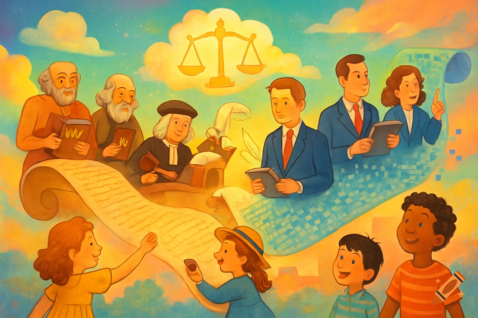 A cartoon mural illustrating the evolution of laws, featuring historical figures, modern professionals, and children around a scroll and scales of justice.