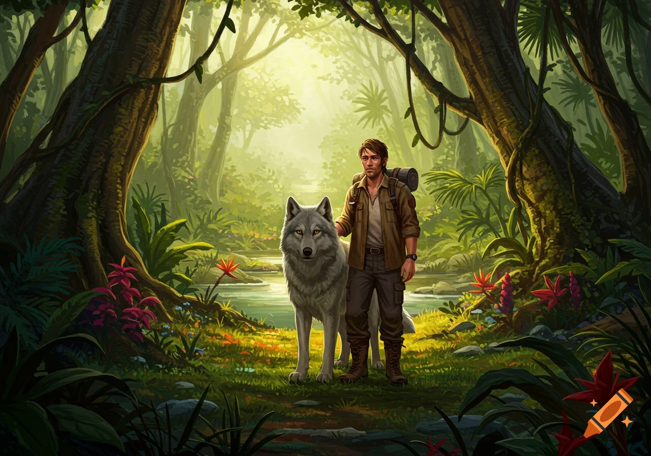 A man with a backpack stands next to a gray wolf in a vibrant, lush jungle with a stream. Illustration style.