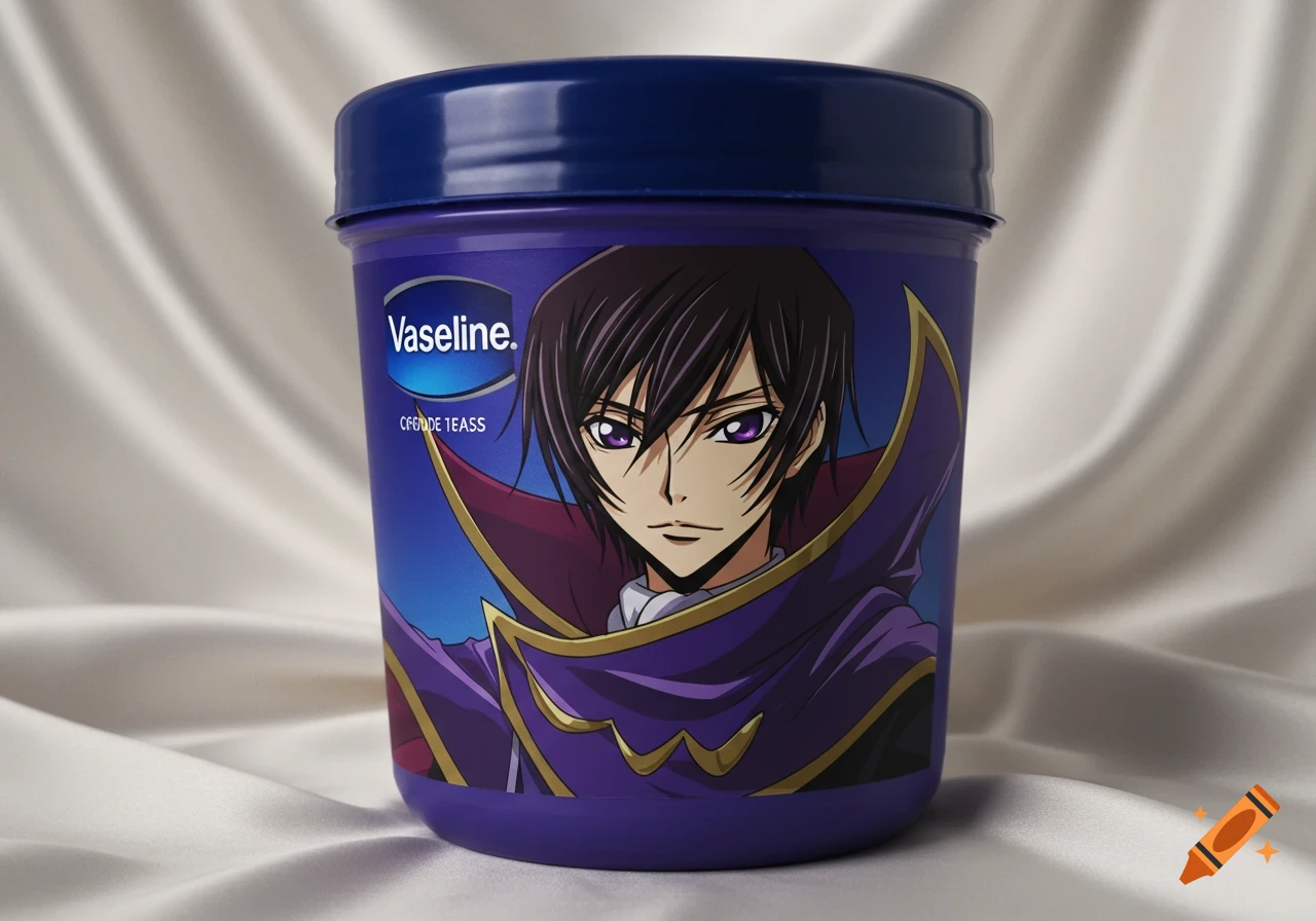 A purple Vaseline container featuring an anime character with dark hair and purple eyes, against a white draped background.