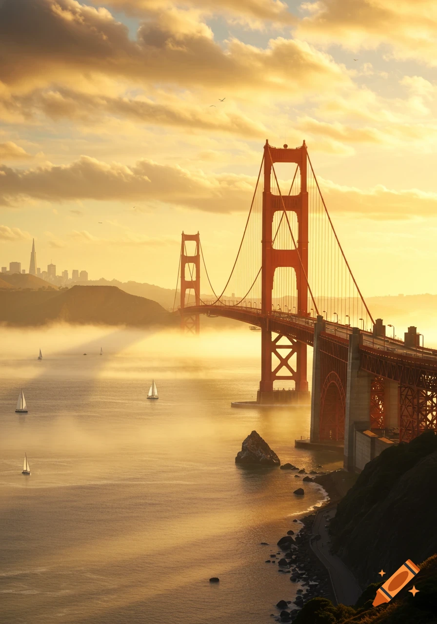 Photorealistic view of the Golden Gate Bridge at golden hour, shrouded in mist with sailboats on the water and a distant cityscape.