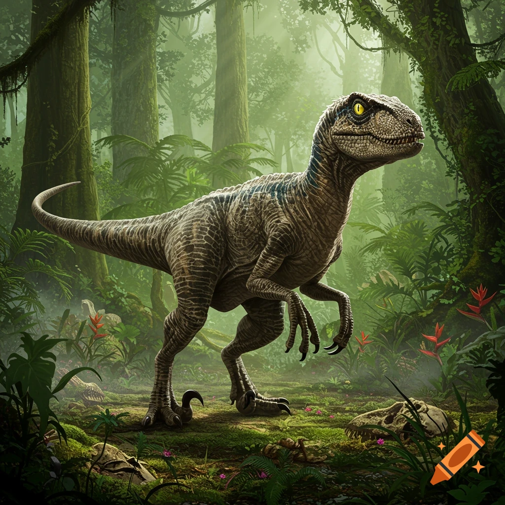 A detailed Velociraptor dinosaur stands in a lush, green jungle with sunlight filtering through the canopy.