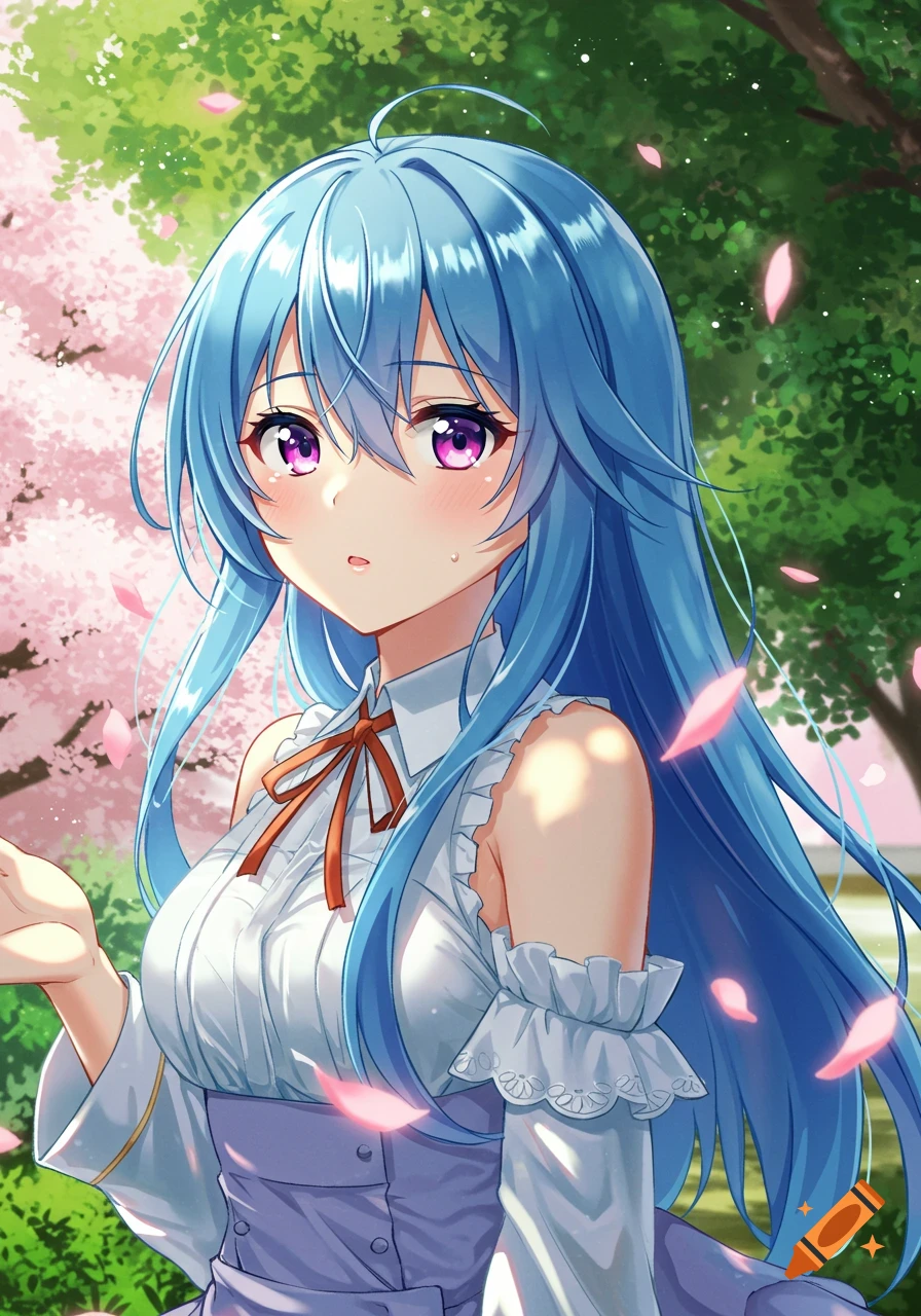 Anime girl with long blue hair and pink eyes in a garden with cherry blossoms and falling petals.
