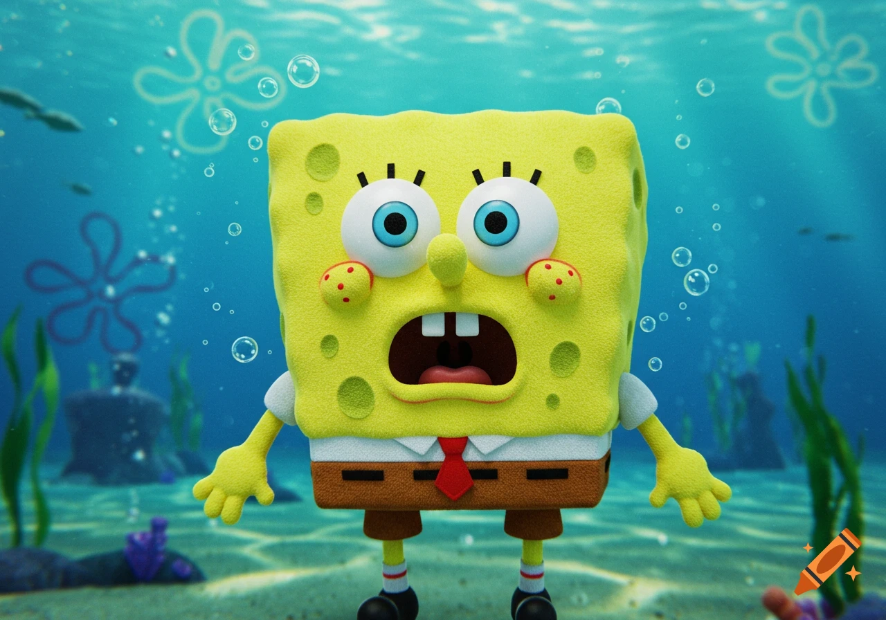 A detailed 3D render of a plush SpongeBob SquarePants looking shocked, floating in a vibrant blue underwater scene with bubbles.