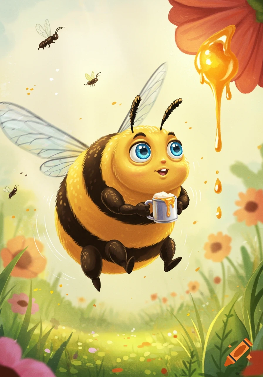 A cute, fat cartoon bee flies in a flowery field, holding a mug of honey as more honey drips from a large flower above.