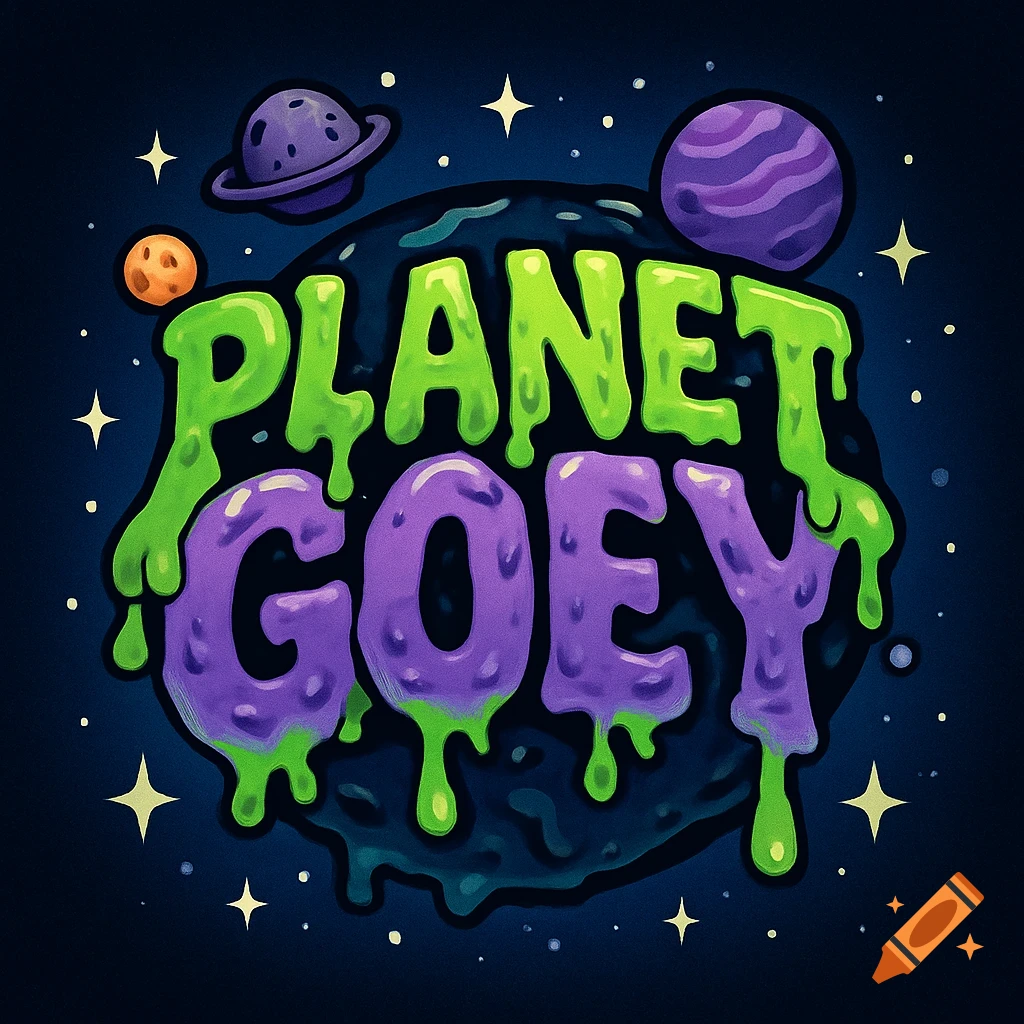 Cartoon logo for 'Planet Goey' with neon green and purple gooey text, surrounded by planets and stars in a space background.