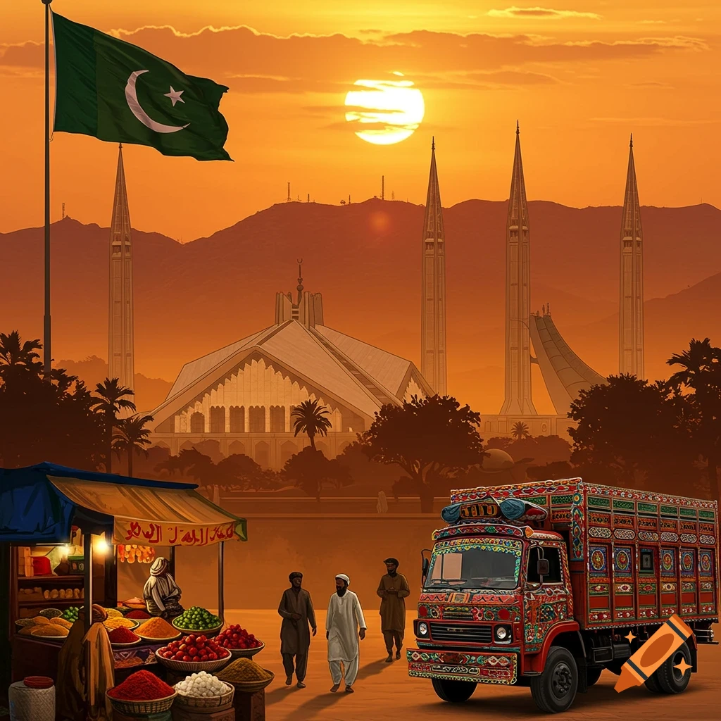 Pakistani flag waving over Faisal Mosque at sunset, with a decorated truck and market stall in the foreground.