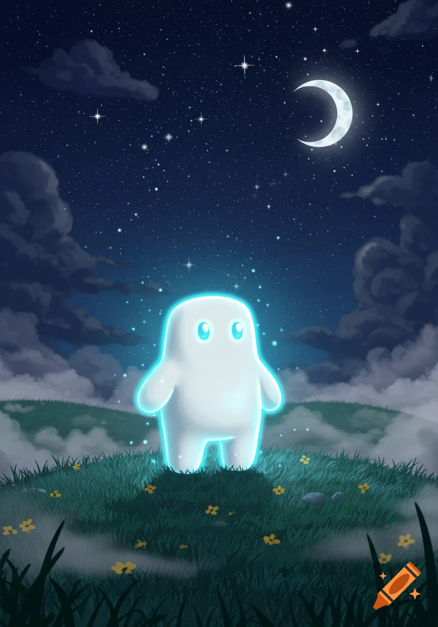 A glowing white blob-like cartoon creature stands on a grassy hill under a starry night sky with a crescent moon.