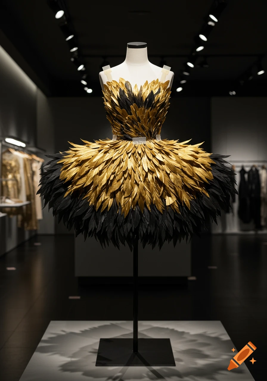 A stunning gold and black feathered dress displayed on a mannequin in a dimly lit exhibition hall.