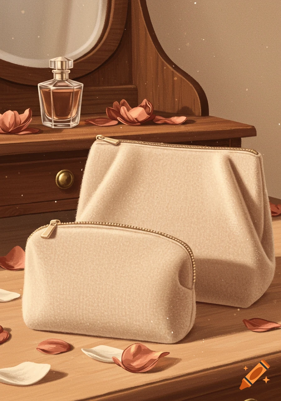 Two soft beige cosmetic bags, a perfume bottle, and pink flower petals on a wooden dressing table.