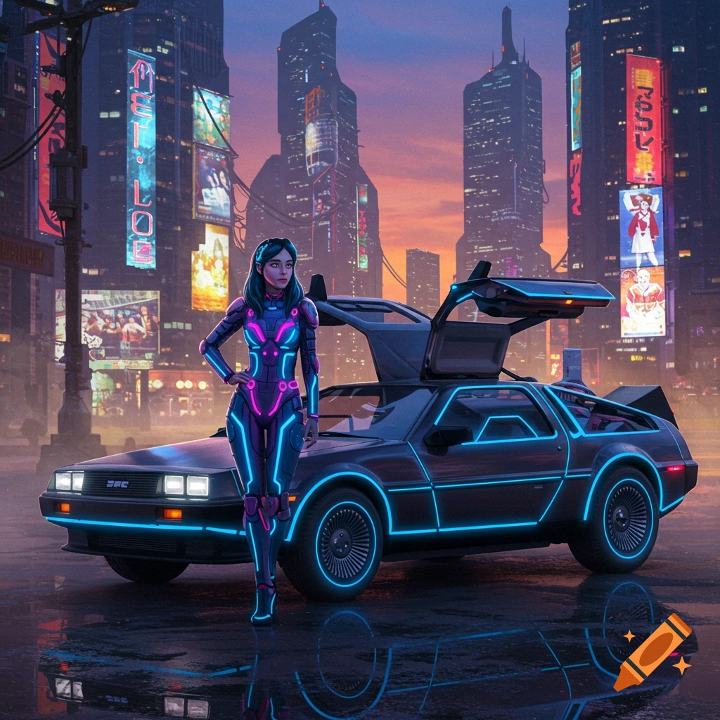 A woman in a neon cyberpunk suit stands next to a glowing TRON-style DeLorean car in a futuristic city at dusk.