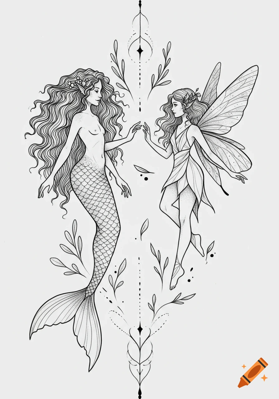 Black-and-white fineline tattoo of a mermaid and a fairy, hands touching, with flowing hair and organic details.