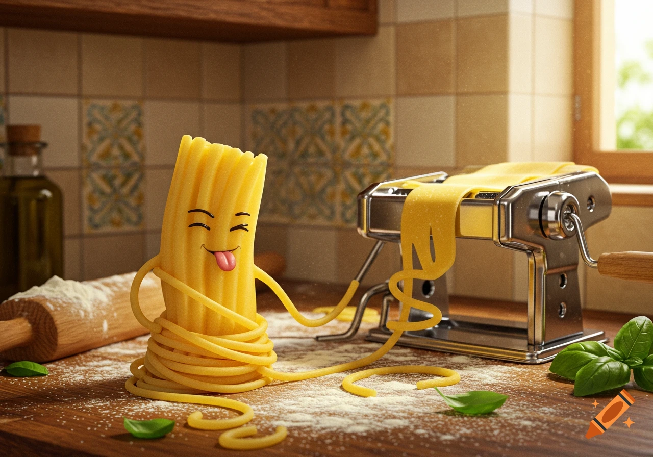 Anthropomorphic rigatoni pasta character making spaghetti with a pasta maker in a rustic kitchen.