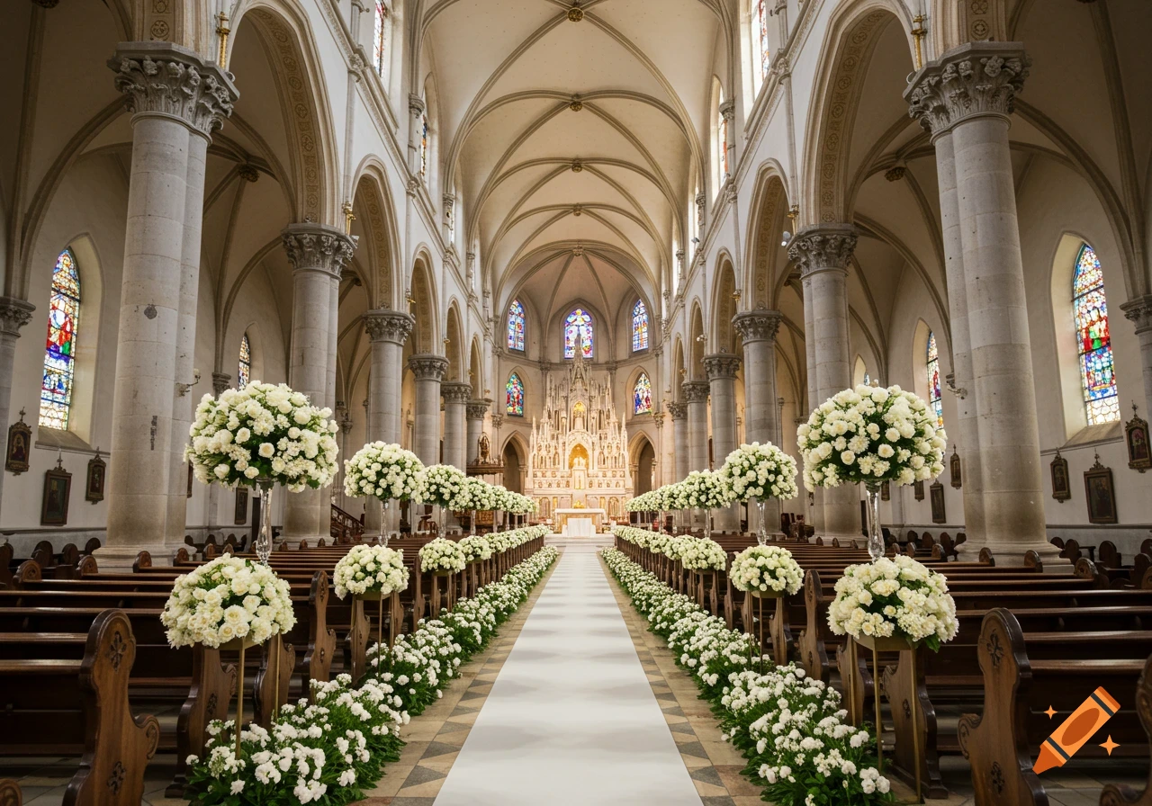 Photorealistic view of a grand church interior decorated with white roses and flowers for a wedding, leading to a golden altar.