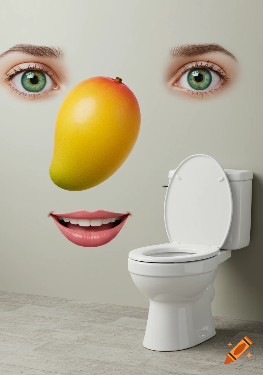 Two human eyes, a mango for a nose, and human lips floating on a wall above a white toilet on a tiled floor, surreal style.